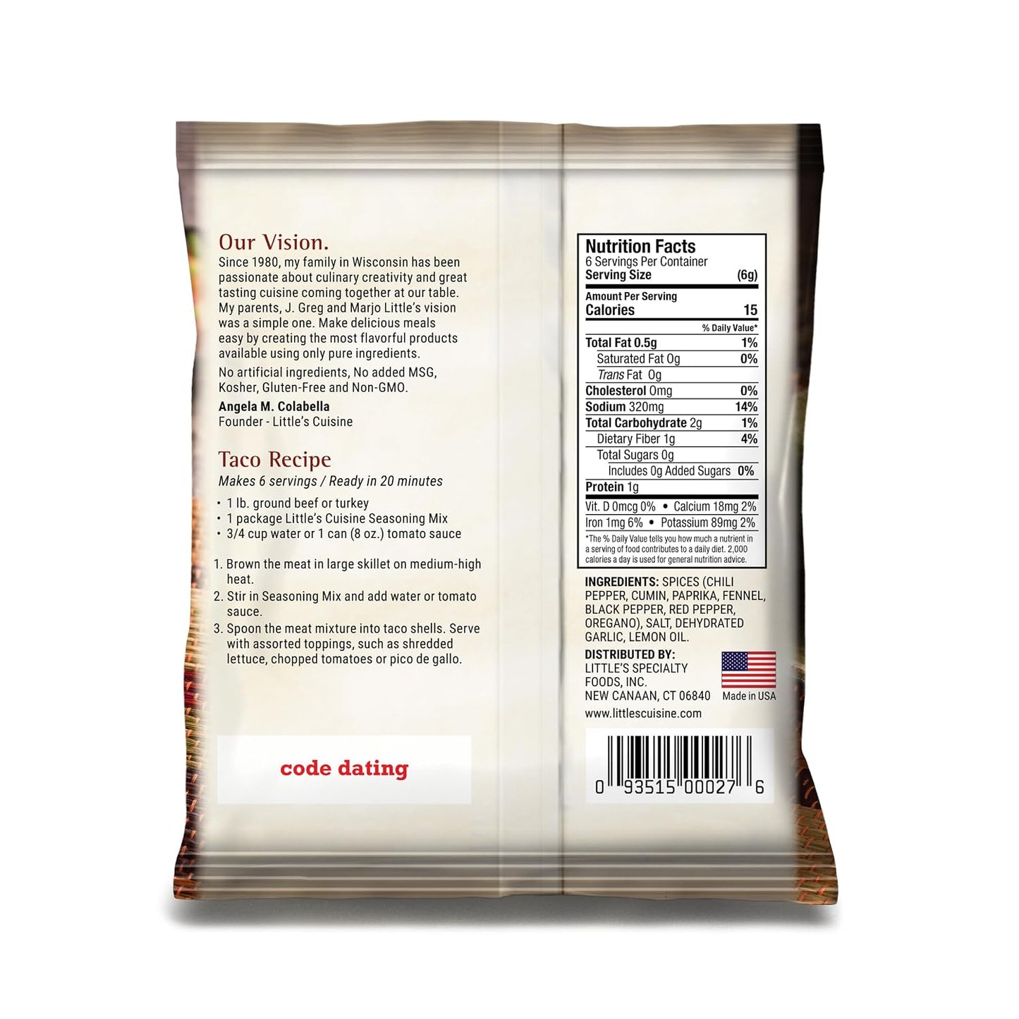 Little's Cuisine Original Taco Seasoning Mix, Non-GMO, Gluten Free, Sugar Free & Kosher Taco Seasoning Blend for Beef, Chicken, Turkey, Fish & Vegetarian Recipes, Easy Mexican-Inspired Flavor (Case of 4)